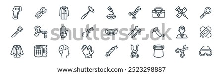 linear doctor equipment icon pack. vector thin line scissors, dental, medical, cannula, enema, plaster, syringe, safety icons suitable for apps and websites ui designs