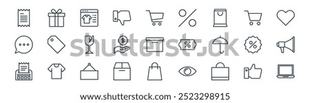 linear ecommerce icon pack. vector thin line like, gift, ecommerce, shopping cart, saving, megaphone, shopping bag, laptop icons suitable for apps and websites ui designs