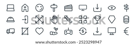 linear ui essential icon pack. vector thin line display, hospital, friendly, eye, hand, database, game, euro icons suitable for apps and websites ui designs