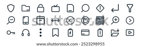 linear user interface icon pack. vector thin line download, save folder, unlock, enter, move, next, battery charge, movie icons suitable for apps and websites ui designs