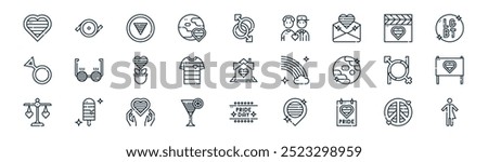 linear world pride day icon pack. vector thin line peace, epicene, safe zone, movie, t shirt, banner, pride day, gender neutral icons suitable for apps and websites ui designs