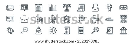 linear audit icon pack. vector thin line quality control, presentation, calendar, badge, office chair, folder, analysis, bank icons suitable for apps and websites ui designs