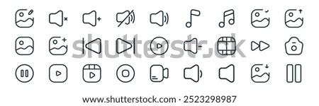 linear multimedia icon pack. vector thin line import, mute, volume up, image correction, next, camera, video, pause icons suitable for apps and websites ui designs