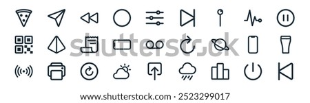 linear ui icon pack. vector thin line power, direct, back, plus, phone, pint, upload, back icons suitable for apps and websites ui designs