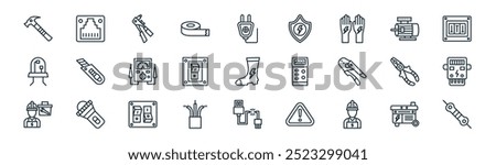 linear electrician tools icon pack. vector thin line electric generator, rj, riveter, motor, switch, electric meter, broken cable, resistor icons suitable for apps and websites ui designs