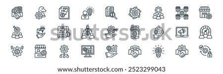 linear business model icon pack. vector thin line partnership, strategy, transaction, chain, middleman, performance, sales, freemium icons suitable for apps and websites ui designs