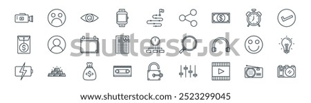 linear office icon pack. vector thin line radio antenna, sad, eye, alarm clock, grade, lamp, unlocked, photo camera icons suitable for apps and websites ui designs