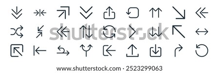 linear arrows icon pack. vector thin line right arrow, minimize, turn right, diagonal arrow, up and down arrows, left and right arrows, log in, refresh arrow icons suitable for apps and websites ui