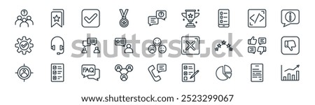 linear survey icon pack. vector thin line form, bookmark, check mark, coding, testimonial, dislike, phone survey, trend icons suitable for apps and websites ui designs