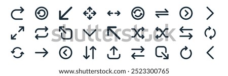 linear arrows icon pack. vector thin line rotation, rotate left, diagonal arrow, right chevron, down chevron, refresh, upload, left chevron icons suitable for apps and websites ui designs