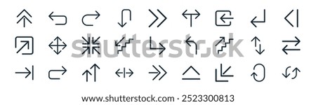 linear arrows icon pack. vector thin line looping arrow, left arrow, right arrow, turn left, stairs, left and right arrows, right transfer icons suitable for apps and websites ui designs