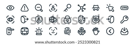 linear internet security icon pack. vector thin line chevron, caution, zoom out, cursor, internet security, key, fingerprint, inbox icons suitable for apps and websites ui designs