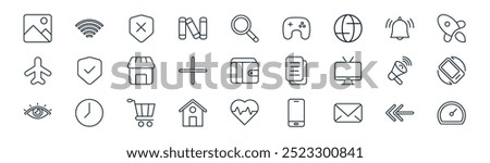 linear interface icon pack. vector thin line left, wifi, security, bell, plus, screen rotate, heart, speed icons suitable for apps and websites ui designs