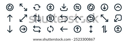 linear arrows icon pack. vector thin line up down, expand arrows, refresh, down arrow, transfer, minimize, left arrow, upload button icons suitable for apps and websites ui designs