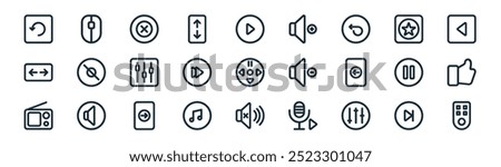 linear media controls icon pack. vector thin line end, mouse, close, favorite, fast forward, like, no audio, remote control icons suitable for apps and websites ui designs