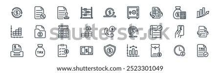 linear accounting icon pack. vector thin line time, percent, approval, budget, the sum of, revision, secure payment, check icons suitable for apps and websites ui designs