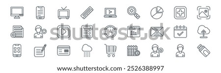 linear basic ui icon pack. vector thin line user, mobile, television, plus, file invoice, cloud upload, shopping cart, pendrive icons suitable for apps and websites ui designs