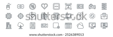 linear basic ui icon pack. vector thin line navigaiton, money, mute, projector, check, briefcase, add, video player icons suitable for apps and websites ui designs