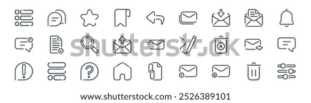 linear email and web icon pack. vector thin line trash, chat bubble, bookmark, inbox, mail, chat, attachment, preferences icons suitable for apps and websites ui designs