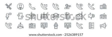 linear communication icon pack. vector thin line contact list, profile, phone call, outgoing call, wifi router, radio, press conference, bullhorn icons suitable for apps and websites ui designs