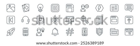 linear basic ui icon pack. vector thin line folder, playing cards, bulb, ting, contrast, upload, hashtag, browser icons suitable for apps and websites ui designs