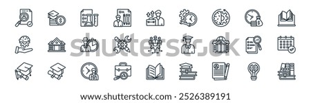 linear school and learning icon pack. vector thin line idea, scholarship, laboratorium, save time, skill, schedule, book, library icons suitable for apps and websites ui designs