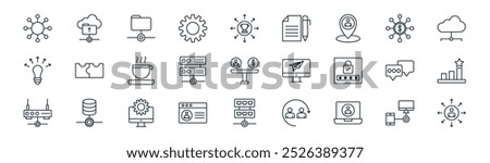 linear networking icon pack. vector thin line linked, upload file, share, money, server, rank, hub, networking icons suitable for apps and websites ui designs