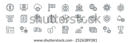 linear money icon pack. vector thin line currency exchange, computer, cloud, tings, rising, alert, dataphone, trophy icons suitable for apps and websites ui designs