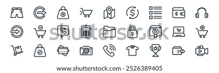 linear shopping icon pack. vector thin line delivery,  , shopping bag, wallet, calculator, add to cart, phone call, video camera icons suitable for apps and websites ui designs