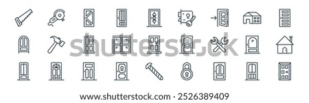 linear doors installation repair icon pack. vector thin line doorway, saw hine, doorway, hotel, window frame, house, screw, door icons suitable for apps and websites ui designs