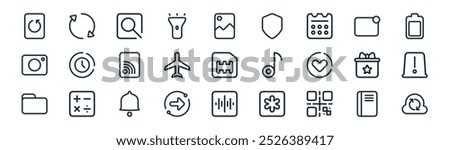 linear smart ui icon pack. vector thin line guide book, sync, find, notification, airplane, alert, record, cloud icons suitable for apps and websites ui designs