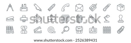 linear stationery icon pack. vector thin line crayons, pencil case, corrector, cutter, briefcase, rubber stamp, magnifier, paperclip icons suitable for apps and websites ui designs