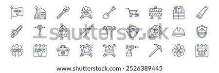 linear labour day icon pack. vector thin line repair tools, factory, adjustable wrench, life vest, crimping pliers, safety, helmet, calendar icons suitable for apps and websites ui designs