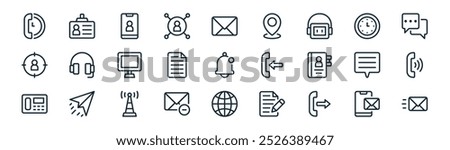 linear contact us icon pack. vector thin line email, id card, video call, clock, page, phone call, connection, send mail icons suitable for apps and websites ui designs