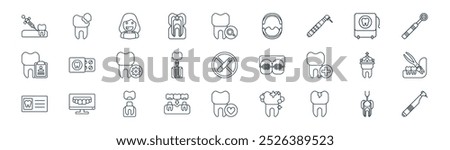 linear dentist icon pack. vector thin line fill, tooth, patient, floss, dental implant, extraction, heart, handpiece icons suitable for apps and websites ui designs