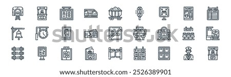 linear railway icon pack. vector thin line driver, information, toilet, ticket hine, ticket, train platform, turnstiles, booth icons suitable for apps and websites ui designs