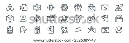 linear messages icon pack. vector thin line cross mark, data encryption, video call, alert, inbox, image, missed call, emoji icons suitable for apps and websites ui designs