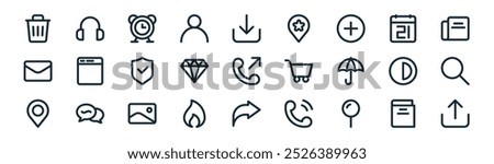 linear basic interface set icon pack. vector thin line book, headphone, alarm clock, calendar, diamonds, search, arrow, upload icons suitable for apps and websites ui designs