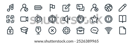 linear basic interface set icon pack. vector thin line wifi, block user, battery, basket ball, info button, open book, ting, new age icons suitable for apps and websites ui designs