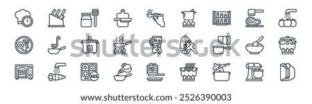 linear cooking icon pack. vector thin line mixer, knives, honey, meat, frying pan, pot, pancakes, burrito icons suitable for apps and websites ui designs