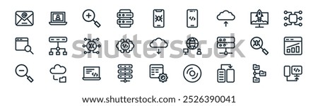 linear programing and development icon pack. vector thin line network, user, zoom in, deploy, coding, web traffic, application development, coding icons suitable for apps and websites ui designs