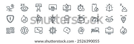 linear burnout icon pack. vector thin line deadline, sleepy, overload, alert, no idea, emptiness, stress, mental health icons suitable for apps and websites ui designs