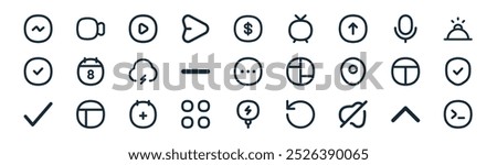 linear ui essential icon pack. vector thin line up arrow, video, play, mic, minus, shield, charge, programming icons suitable for apps and websites ui designs