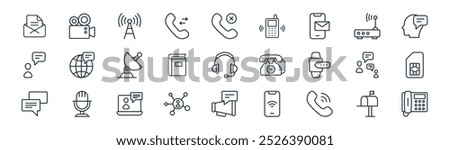 linear communication icon pack. vector thin line mailbox, video camera, wireless, modem, book,  , marketing, telephone icons suitable for apps and websites ui designs