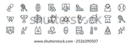 linear tennis elements icon pack. vector thin line team, tennis, smartwatch, call operator, baseball, tennis, baseball, player icons suitable for apps and websites ui designs