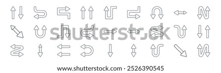 linear arrows icon pack. vector thin line diagonal arrow, left arrow, right arrow, double headed, right bidirectional, down arrows icons suitable for apps and websites ui designs