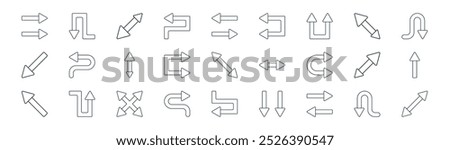 linear arrows icon pack. vector thin line down arrow, down arrow, diagonal arrows, diagonal arrows, right up arrow, left diagonal icons suitable for apps and websites ui designs