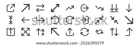 linear arrows icon pack. vector thin line compare, up right arrow, transfer, double arrow, undo, bottom right, upload, turn up icons suitable for apps and websites ui designs