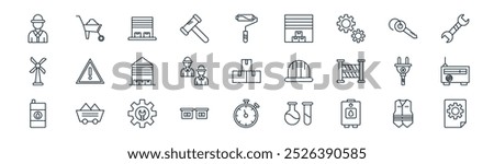 linear industry icon pack. vector thin line vest, wheelbarrow, store, key, workers, radio, timer, plan icons suitable for apps and websites ui designs