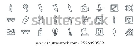 linear general arts icon pack. vector thin line feather, maracas, markers, laptop, mouse, graphics de, guitar, pencil and ruler icons suitable for apps and websites ui designs